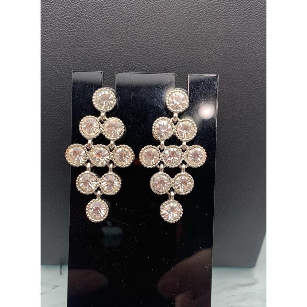 Vintage Silver tone‎ Articulated Dangle Clear Rhinestone Bling pierced Earrings